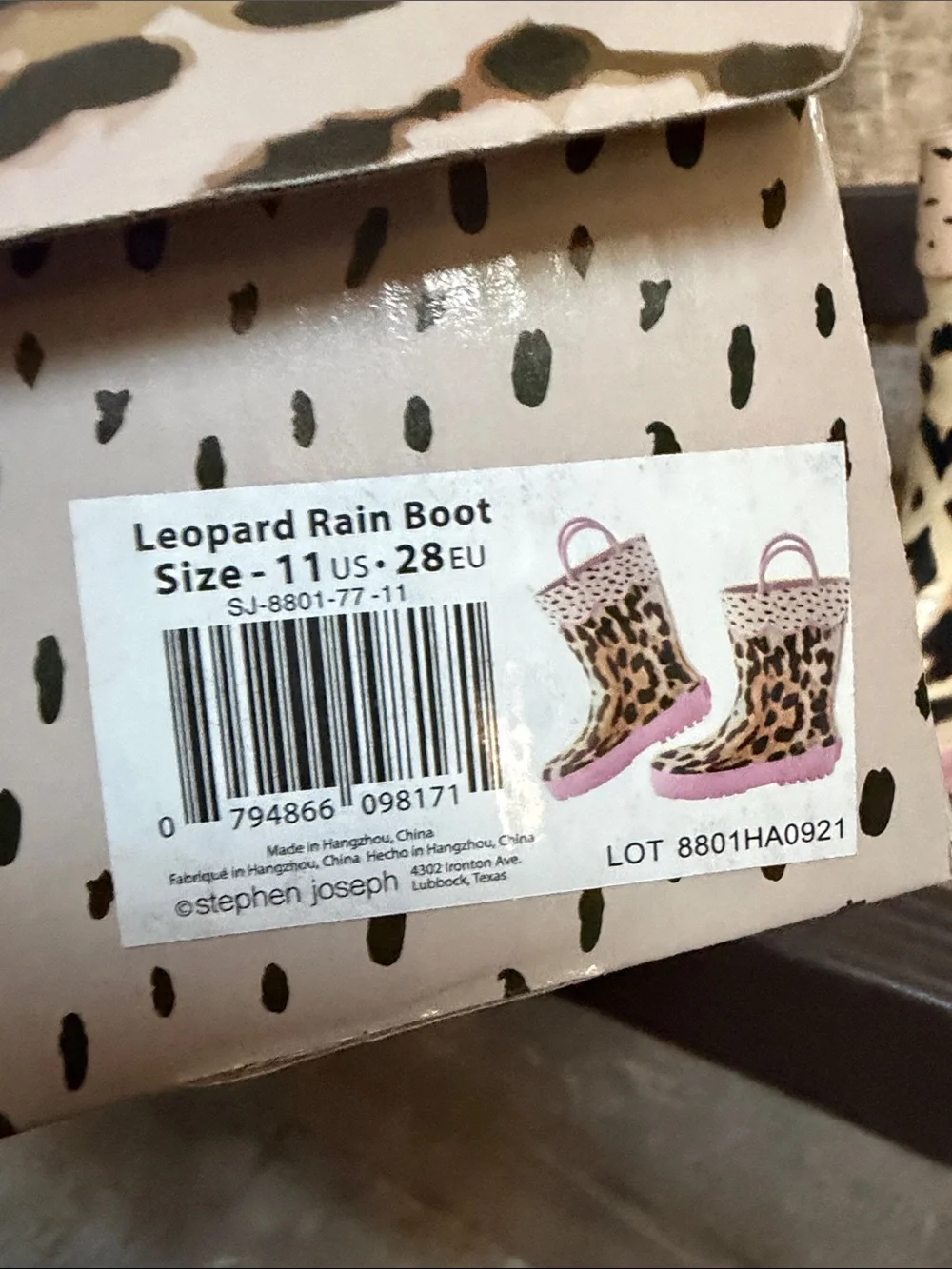 NWT Stephen Joseph Kids' SIZE 11 Leopard Rain Boots in Pink Trim